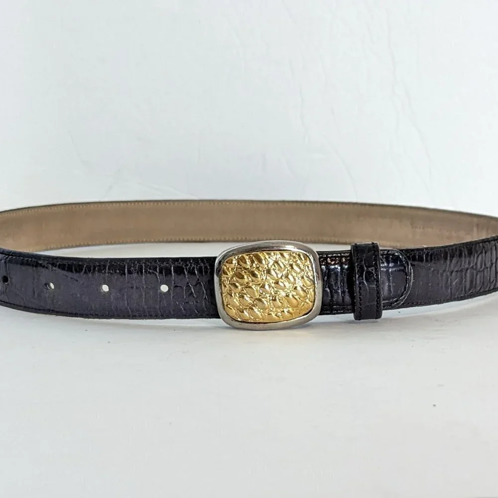 Vintage Carolee Leather Belt Gold‎ Silver Tone Buckle Croc Metal Jeweled